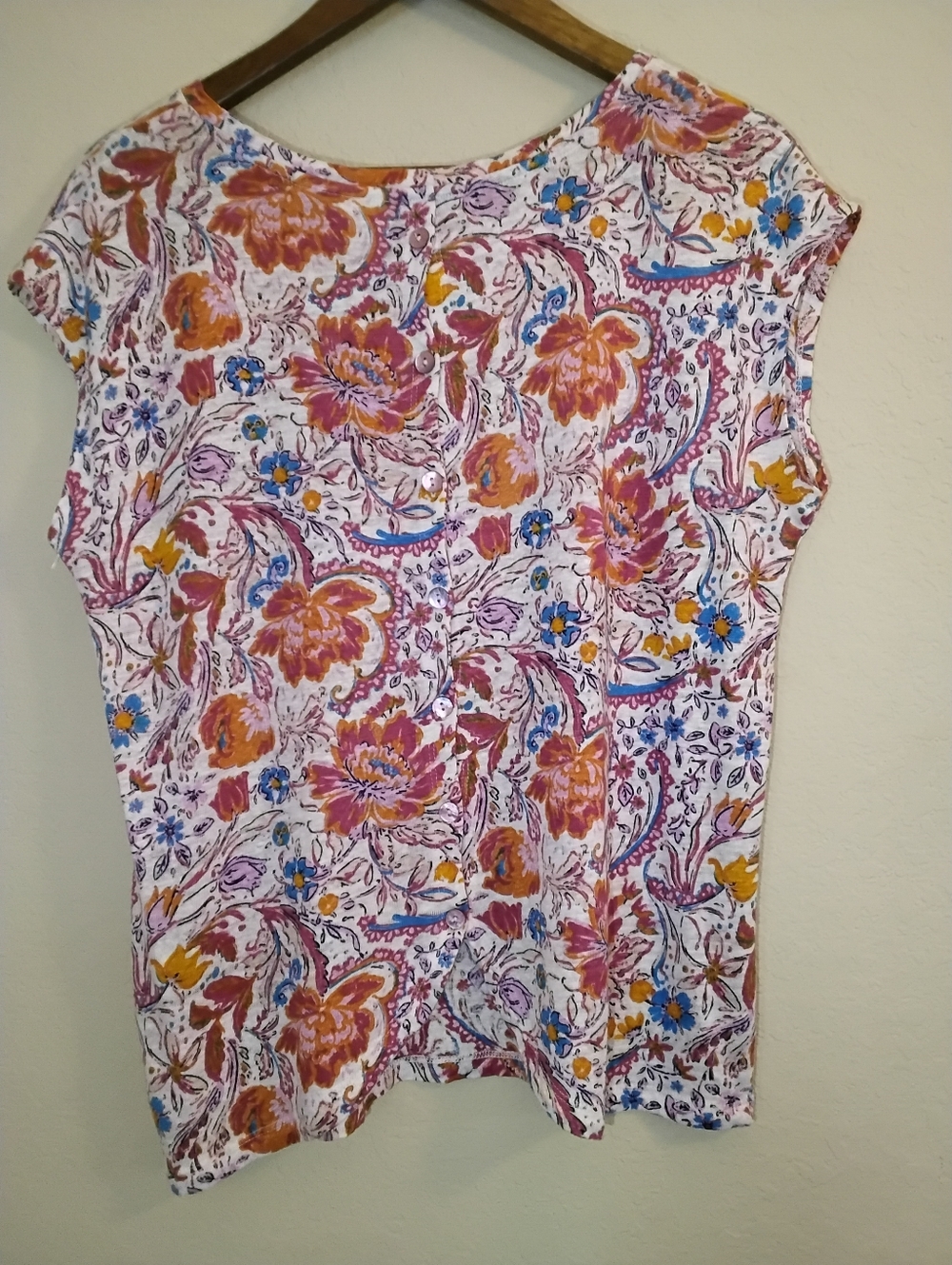 Joie 100% Linen Top Womens Medium White Pink Orange Tropical Floral Boho Luxury - Picture 5 of 8